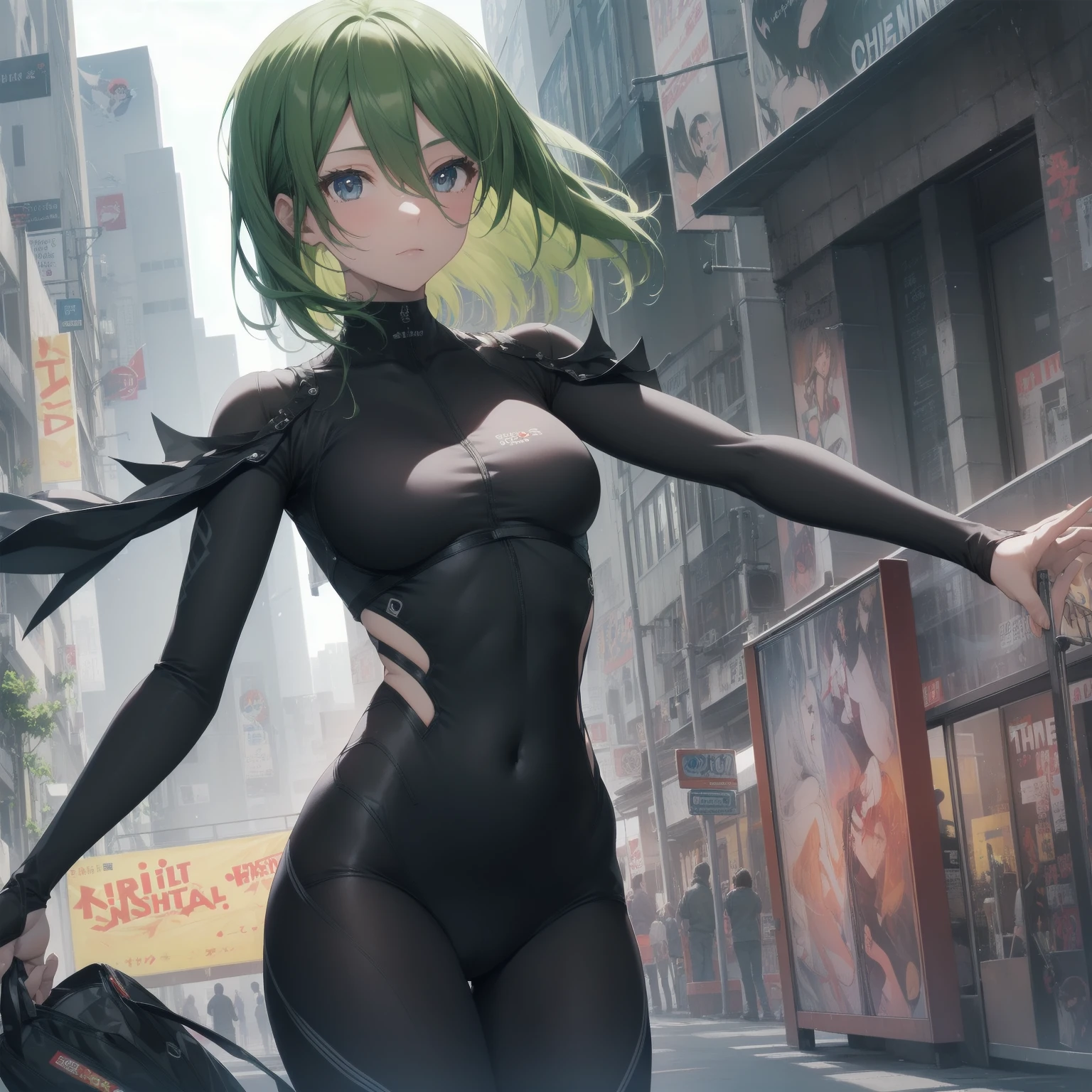 landscapes、ruined and devastated city、cyberpunked、(the Extremely Detailed CG Unity 8K Wallpapers)、most beautiful artwork in the world、Professional spectacular oil painting、with an intricate、high detailing、foco nítido、Dramatic and photorealistic pictorial art、Woman in black mysterious bodysuit standing in rubble、short-hair、Green hair color、The tips of the hair are standing、Beauty Breast 1.5、tiny chest、Less exposure、Tatsumaki of Horror。