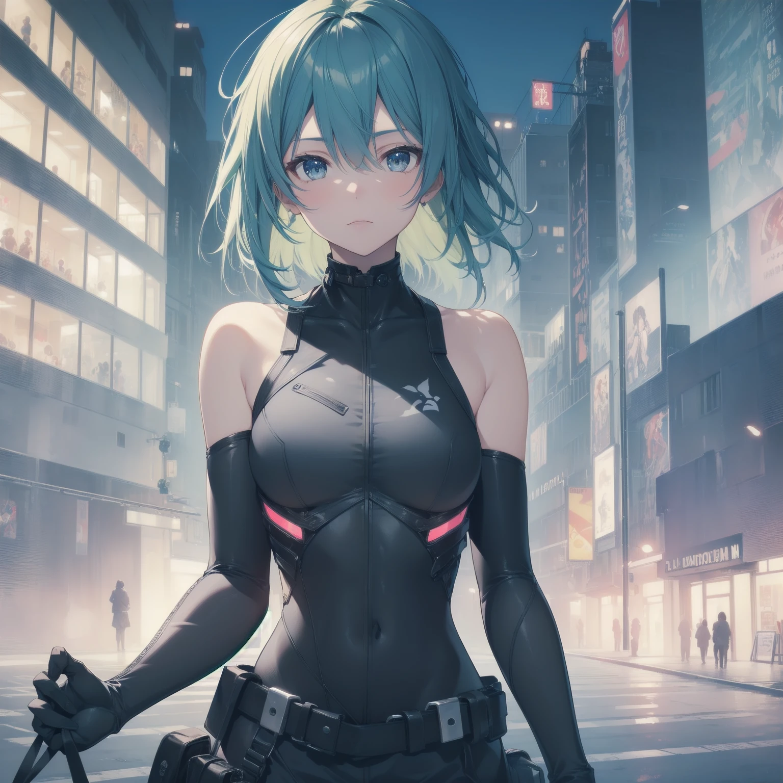 ultra-absurdres-Top quality by artist God, ultra-detailed, high resolution, anime moe artstyle, best anime 8k konachan wallpaper, pixiv contest winner, pool:2810, perfect anatomy,break, 1girl, (Please draw a girl dynamic action to skyscraper alone. )break,(Solo,little female, 16-year-old:1.3),Full limbs, complete fingers, cyberpunk, (very short hair), pixie cut, medium breasts, beautiful (well-shaped) breasts, groin, butt, small black eyes, beautiful detailed eyes, well-proportioned iris and pupils, expressive eyes, highres detailed hair, expressionless, (bodysuit, plugsuit), (Detailed Lighting), (Detailed background), in the cityscape. break,super detailed skin, Best sexual lighting powered by famous artist, 8k,beauty illustration,photoshop_(medium),very aesthetic,break,((artist:izumi_tsubasu )), artist:clamp ,artist:carnelian ,artist:kantoku ,