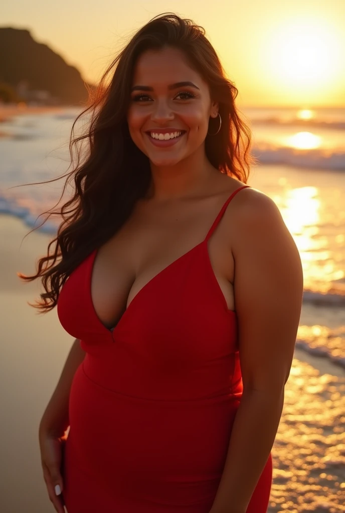 golden ratio, masterpiece, (Selfie en primer plano de una mujer latina de 24 años voluptuosa de wide hip y pierna gruesa con un Red dress muy sensual, smiling sideways and looking at the camera. Loose brown hair with soft waves. Natural makeup with emphasis on the eyes. Background of a beach at sunset. Golden lighting creates a warm and romantic effect. Relaxed pose with one hand on hip. Photographic style, Red dress, Red dress), (ultra realistic)),Latina Woman Breasts Size 38DD Natural, 24 year old wide hips, height 1.75 cm, Brown hair, Oval face, Upturned nose of moderate length, very happy, smiling a lot, Normal and perfect light brown eyes, prominent cheekbones, Full and well-balanced lips, Oval face, visible pores, visible veins, Close browse type eyebrows, very big smile, rounded chin, perfect teeth, perfect arms, perfect look, Sexy gym legs, Prominent veins in arms, Large and raised buttocks, wide hip, Firm gym abs, perfect face, very detailed skin, Very detailed hands and fingers, Salon nails, sexy smile, Plays of shadows and lights with extreme detail, Ultra-detailed skin texture with millimetric beauty, pale, shiny skin, reflexes, Shadows, ultra detail in body image, (Close-up selfie of a voluptuous 24-year-old Latina woman with wide hips and thick legs in a very sensual red dress, Smiling sideways and looking towards the camera. Loose brown hair with soft waves. Natural makeup with emphasis on the eyes. Background of a beach at sunset. Golden lighting that creates a warm and romantic effect. Relaxed pose with one hand on the hip. photographic style, red dress, red dress), golden ratio, Perfect eyes:1.5):0.2], looking at the viewer, natural lighting, The sun in the background, Shot with Fujifilm XT4, golden ratio, Perfect eyes:1.5):0.2], perfectly fitted body, Ultra detailed image in the background