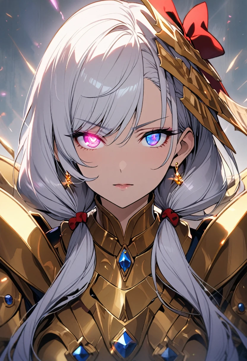 girl, mature, white hair, diamond earings, long hair, low twin tails, red bow on hair, two color eyes,  blue right eye,  purple left eye, adult. front face, golden armor, glowing eyes