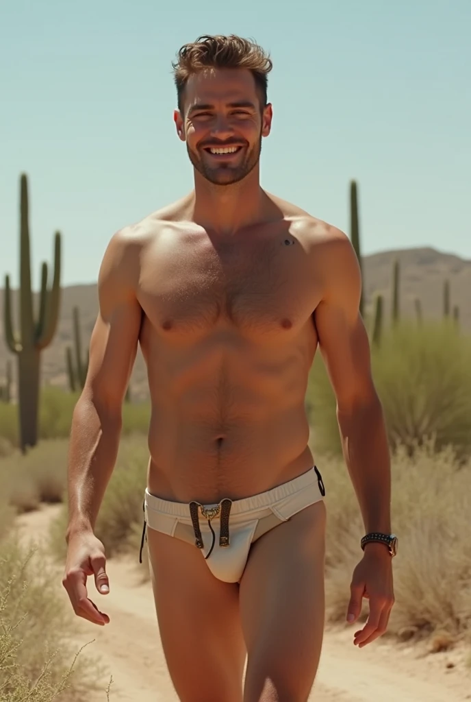 Theo James looking straight ahead smiling, Naked in the desert, Naked you can see his erect penis and testicles, full body, there are cacti and weeds, is in a sexy pose, showing his genitals