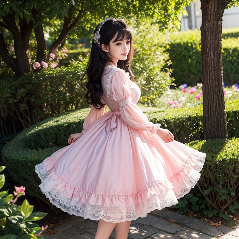 Side view,side angle, Bow tie at the back of the waist, There is a bow on the back,Sideways photo, Skirt length to calf, cupcake dress, Layered skirt with lace on each layer, Put on a ta dress, layered dress, Pink Loliress, lots of lace, Long sleeve, Wide sleeves, Big Skirt, Layered lace skirt, Lace skirt,Puff sleeves, Wide sleeves, Transparent sleeves, intricate details showcase the ruffles and intricate designs of the Lolita d, Wearing a lolita dress a sea of flowers, best quality, Delicate face,beautiful visual work, lifelike, eternity, black hair, Long curly hair, blunt bangs, Smile, Detailed Background, Delicate face,blush,cold,((masterpiece))、(top quality)、8k、high detail、Super detailed,41 years old,woman, masterpiece、born、Scenes resembling fairy tale illustrations、intricate details和複雜的設計、Beautifully、magic、capricious、 Beautifully、Dream aesthetics、「𝓡𝓸𝓶𝓪𝓷𝓽𝓲𝓬、ethereal、charming、fickle、magic」、realism、Visual effects、FXAA、SSAO、Shader、voiceless、ambient lighting、Tone mapping、High resolution、Ultra high quality、Million pixels、(8K resolution:1.10)、8k、8k以下、8K resolution、high detail、intricate details, (high quality:1.2、masterpiece:1.2、:1.21)、(41 years old,woman:1.21)、(興奮地Smile)、(Surrounded by a dreamy atmosphere、Model diagram,full-body shot,Normal 2 feet,Put your hands behind your back,Breast protrusion visible when wearing clothes, Large Breasts, H cup chest, pink dress, Don't show your fingers, full-body shot, full-body shot,full-body shot,full-body shot,full-body shot,full-body shot,full-body shot,full-body shot,Hands hidden in clothes, Hands hidden in clothes,Hands hidden in clothes,Hands hidden in clothes,Hands hidden in clothes,Hands hidden in clothes,Hands hidden in clothes,Hands hidden in clothes,Hands hidden in clothes, ,Hide your hands in your sleeves ,Hide your hands in your sleeves ,Hide your hands in your sleeves ,Hide your hands in your sleeves ,Hide your hands in your sleeves ,Hide your hands in your sleeves ,Hide your hands in your sleeves ,Hide your hands in your sleeves,skirt length to calf, full body photo,full body view,side view
