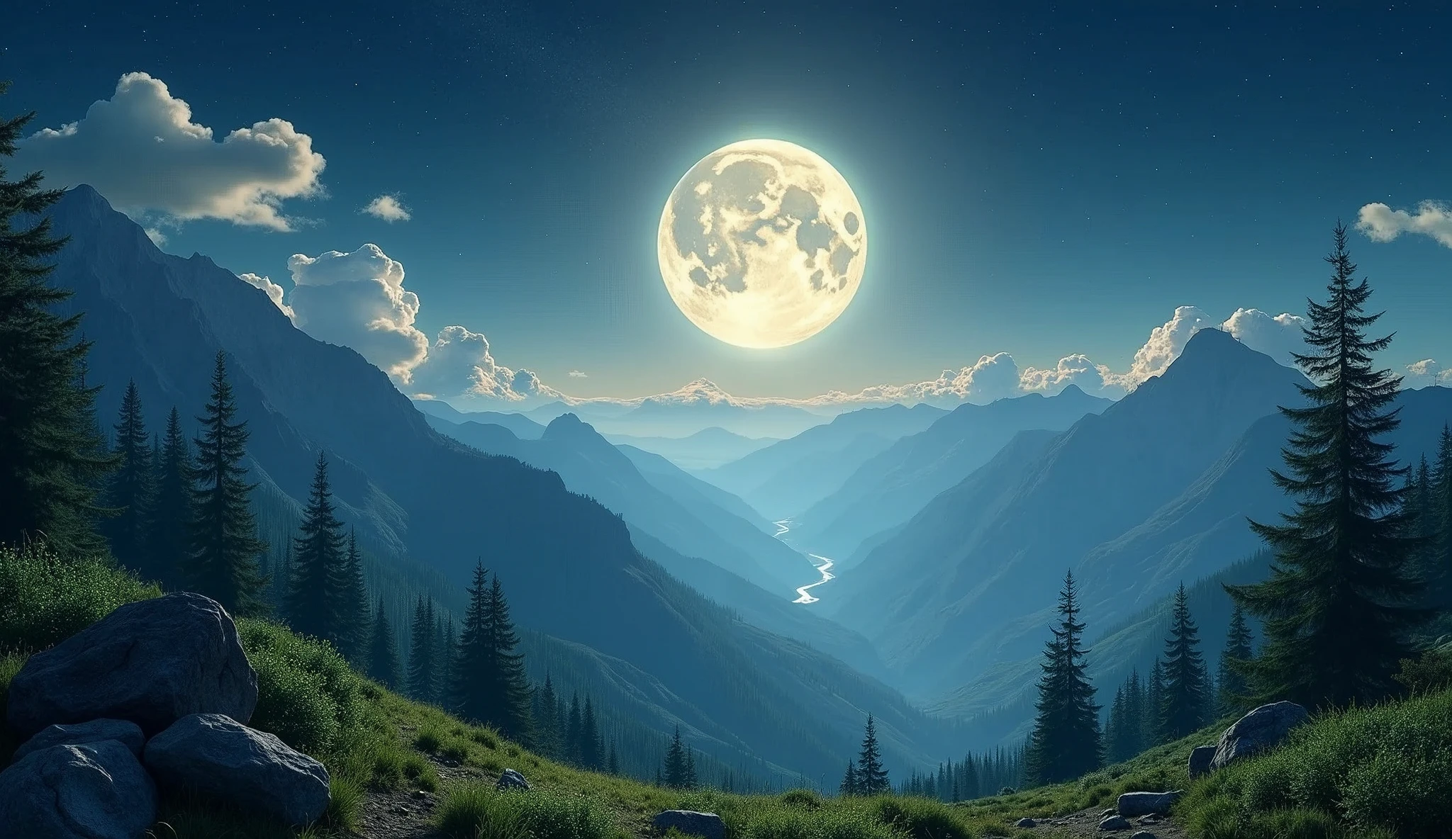 The moon against the backdrop of a beautiful sky in green summer mountains