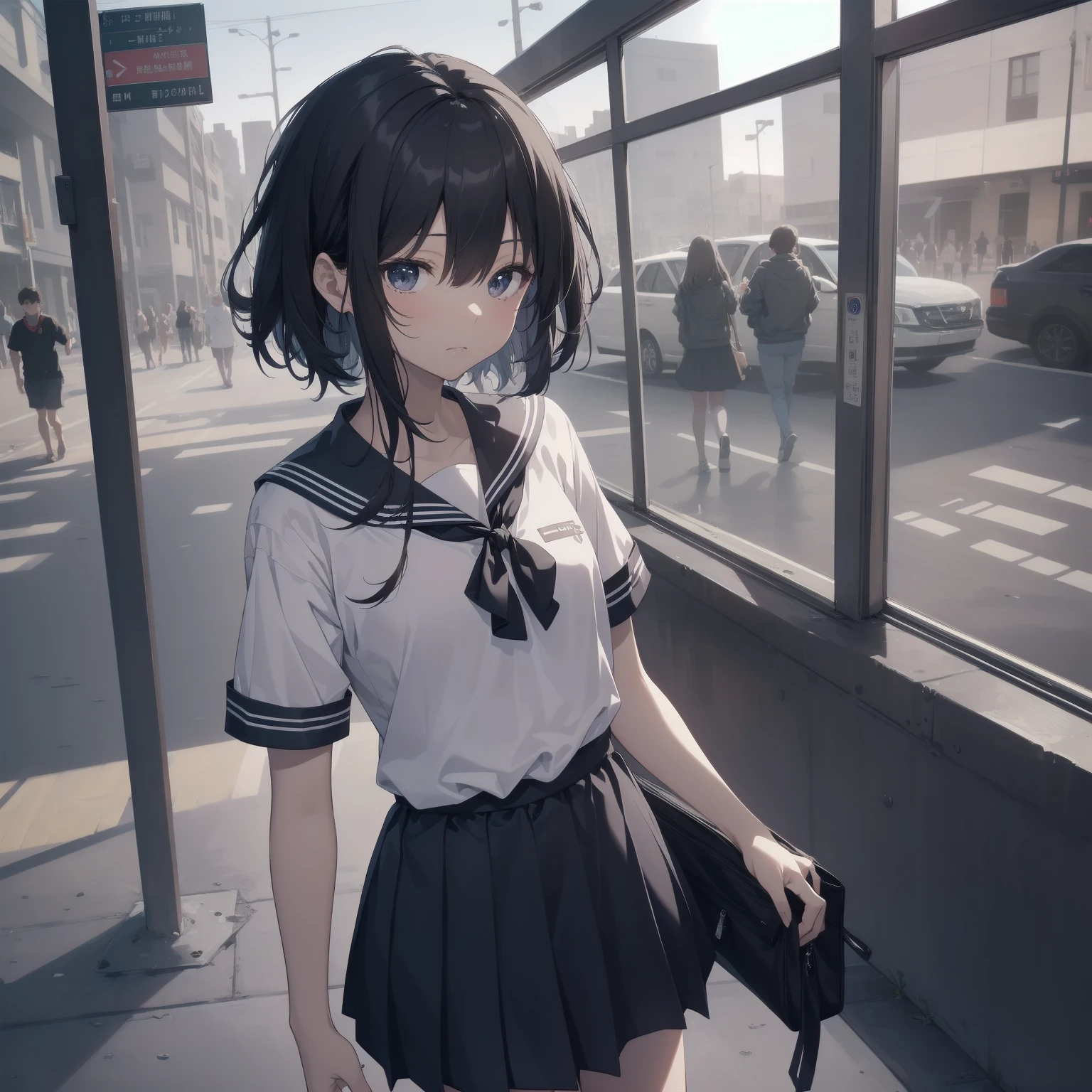 ultra-absurdres-Top quality by artist God, ultra-detailed, high resolution, anime moe artstyle, best anime 8k konachan wallpaper, pixiv contest winner, pool:2810, perfect anatomy,break, 1girl, (Please draw a girl walking sleepily to school alone. )break,(Solo,little female, 13-year-old:1.3),Full limbs, complete fingers,a junior high school student, (very short hair), short cut, flat chest, , small butt, small black eyes, beautiful detailed eyes, well-proportioned iris and pupils, expressive eyes, highres detailed hair, soft expression, salor school_uniform, sailor collar, serahuku, bow, pleated skirt,(Detailed Lighting), (Detailed background), in the School commute route. break,super detailed skin, Best cinematic lighting powered by famous artist, 8k,beauty illustration,photoshop_(medium),very aesthetic,break,((artist:izumi_tsubasu )), artist:clamp ,artist:carnelian ,artist:kantoku ,
