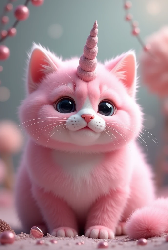 A large fluffy pink kitty with a unicorn horn and black pupils, a big boy