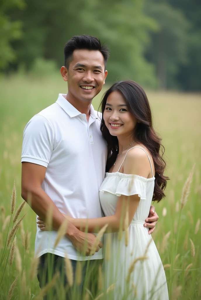 Real Pinay pinoy couple with man handsome polo shirt white and women beautiful dress standing nature grass
