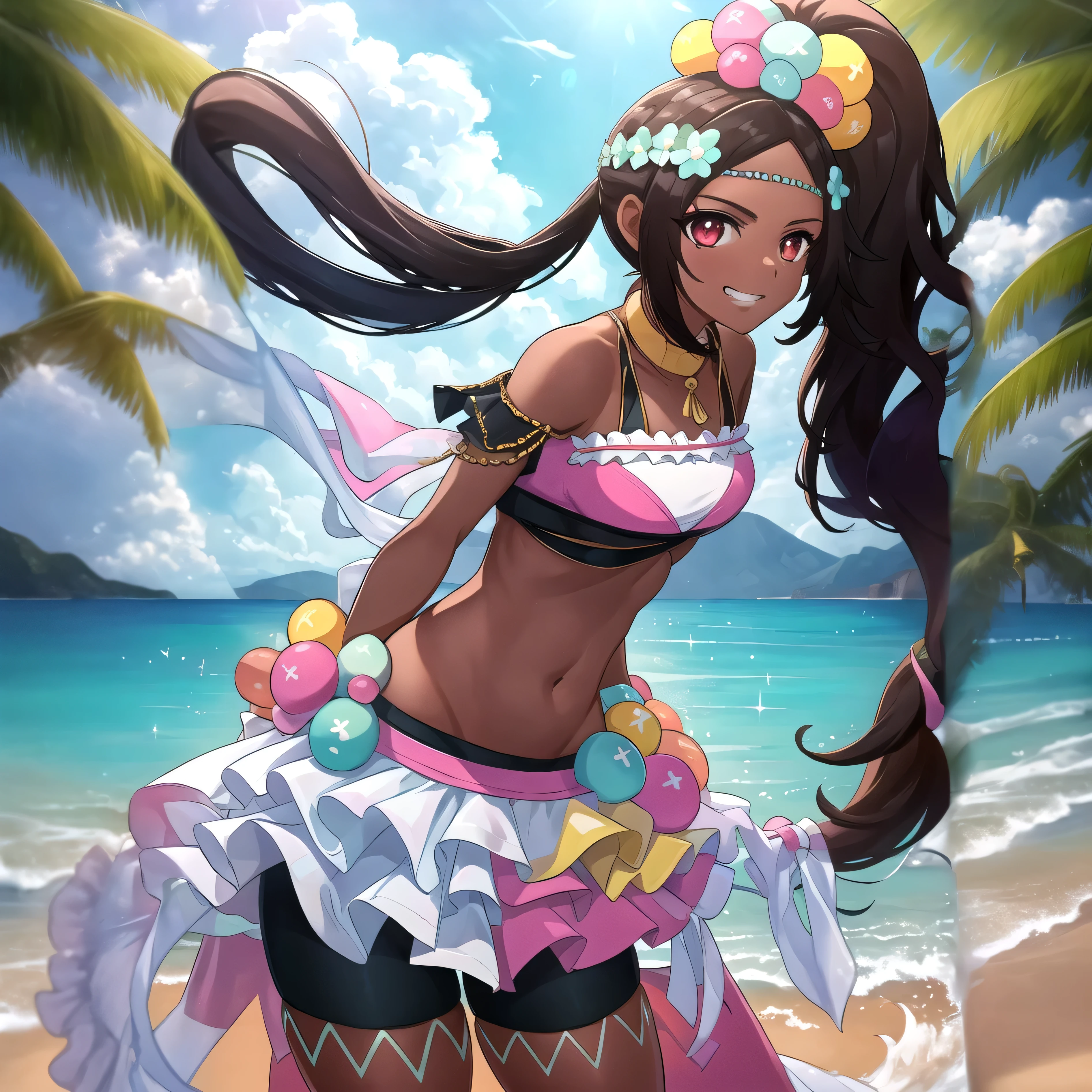 masterpiece:1.2, best quality, (ultra detailed), (highly detailed:1.2), cowboy shot, lora:timerra-v3-10:0.75, 1girl, ((solo)), smug grin, bike shorts, red eyes, no top, no visible top, navel, multicolored frilled skirt, dark-skinned female, long hair, ponytail, hair ornament, flower hairband, beach background, standing, large breasts, visible breasts, hands behind back,