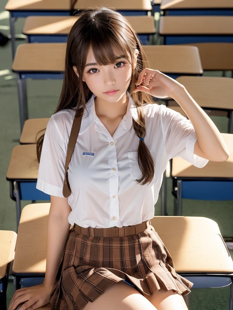 masterpiece,Highest quality,1 girl,Cowboy Shot,Front view,Young and cute Japanese,A small smile,lunch break,((Empty evening classroom:1.5)),Schoolgirl uniform,Summer clothes,wear,wear a super super short blue plaid pleated micro mini skirt,No underwear,No pants,Very cute face,Glossy Lips,Big eyes,Brown eyes,Double eyelids on both eyes,(Natural Makeup),Shiny, smooth, long light brown hair,Asymmetrical bangs,Center image,8k resolution,Attention to detail,Detailed hairstyle,Detailed face,Cinema Lighting,Octane Rendering,Ultra-realistic,Perfect limbs,Beautiful legs,Voluptuous thighs,Huge breasts,(Glowing Skin,Sweaty:1.3)Perfect Anatomy,((Natural relaxed pose:1.3))
