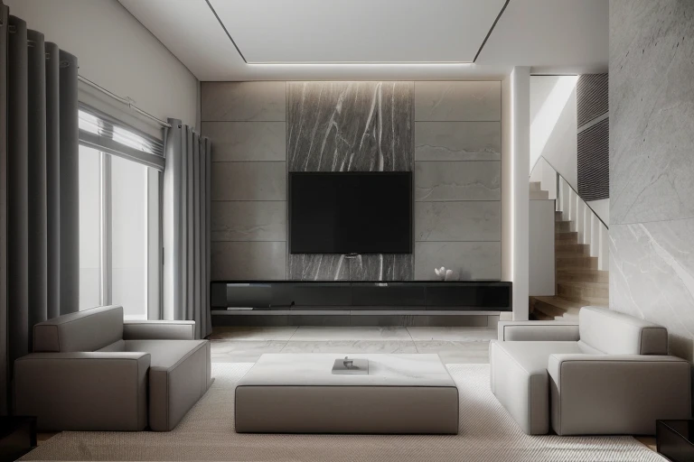 Interior living room, Modern style, grey tone, walling TV, ceiling chanderlier, marble flooring, indoor plants, realistic, photo taken by Fujifilm XT3