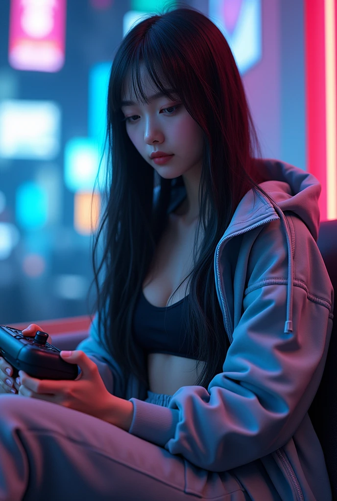 The gamer background is a beautiful girl like a Korean, playing games, long and straight hair,Wearing a crop top and top jacket, wearing ankle pants, wearing sneakers, high detail
