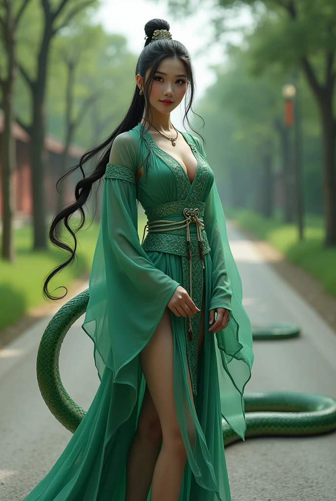 (masterpiece, best quality:1.2),Wavy Hair,Single ponytail,Exquisite eyes,Fine black hair,Charming Eyeshadow( White people:1.2)( Snake scale skin:1.2),Chinese,( Smooth skin:1.2),whole body, A long, lean, and incredibly fit figure.,Moist and sexy plump lips,Long legs,Perfect fingers,(masterpiece, best quality:1.2), Eloquent style, Green female snake demon,A Chinese female warrior in ancient attire,standing in the middle of a small road, holding a sword in one hand,A phantom green snake slithers behind。