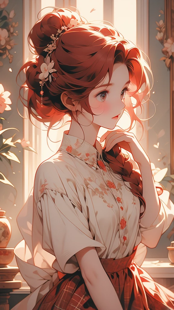 The image depicts a figure looking up, featuring detailed red hair tied into a messy bun. The hair is adorned with small, decorative red hairbands. The figure is wearing a plaid shirt in shades of red and cream. The art style is delicate and imaginative, capturing soft colors and gentle lines to create a warm and charming aesthetic.