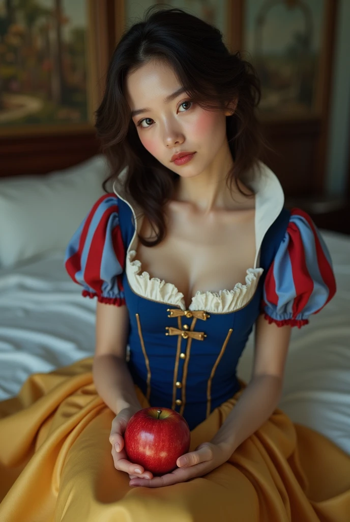 (photorealism:1.2), beautiful woman (more precisely, make it snow white) holding an apple, sitting on bed, He wears clothes that are usually found in Snow White cartoons,His face doesn't have rosy cheeks, but looks like a European