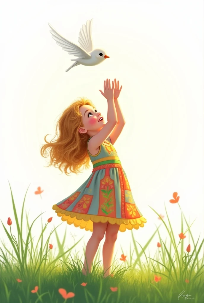 white background, girl,waring colorful frock ,stand on grass,rais her hands,flying little bird
