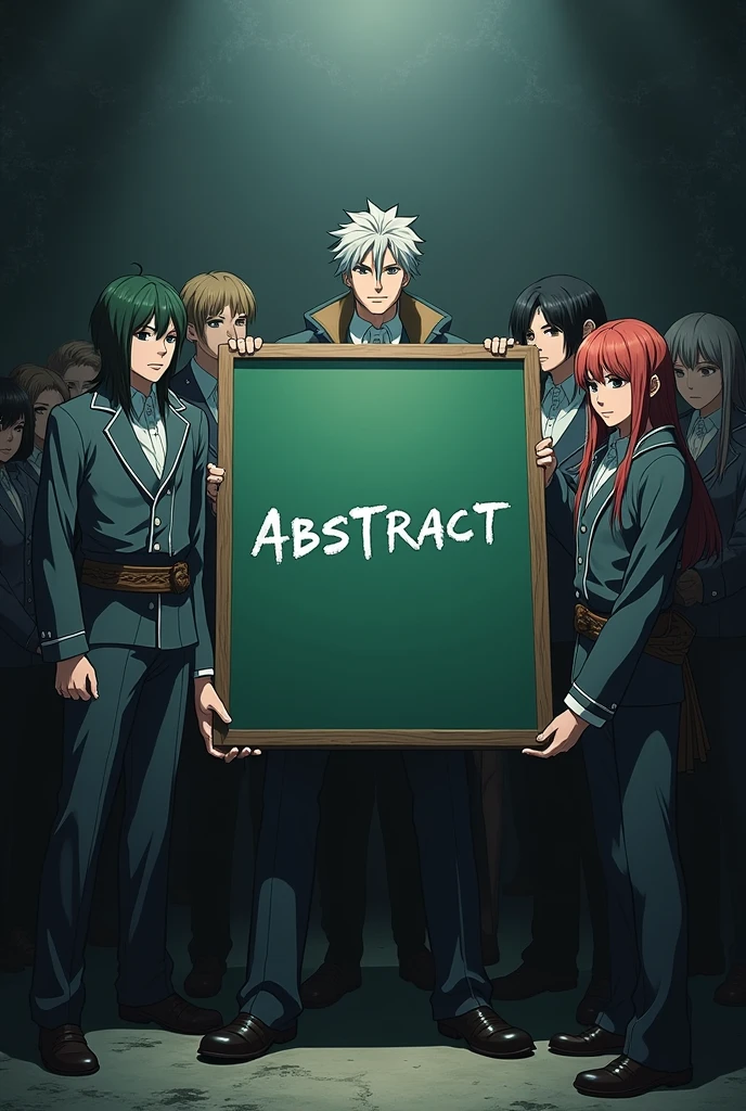 anime: demon slayer corps holding a green board written a bold ABSTRACT letters 