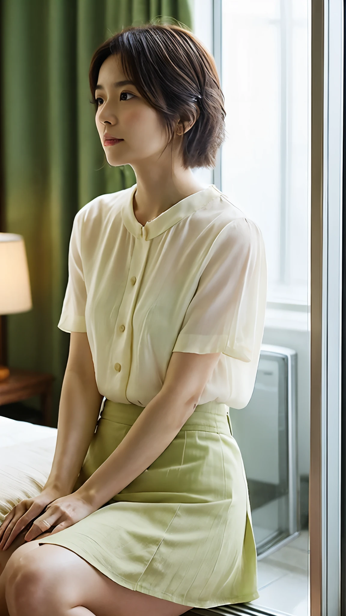 Japanese 40year old woman Short Hair、double The whole picture clear
Apartment room background、Sitting、Lonely look、Gazing into the distance、Plain summer short-sleeved shirt、mini skirt、