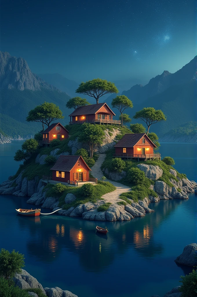 An island with beautiful houses at night view