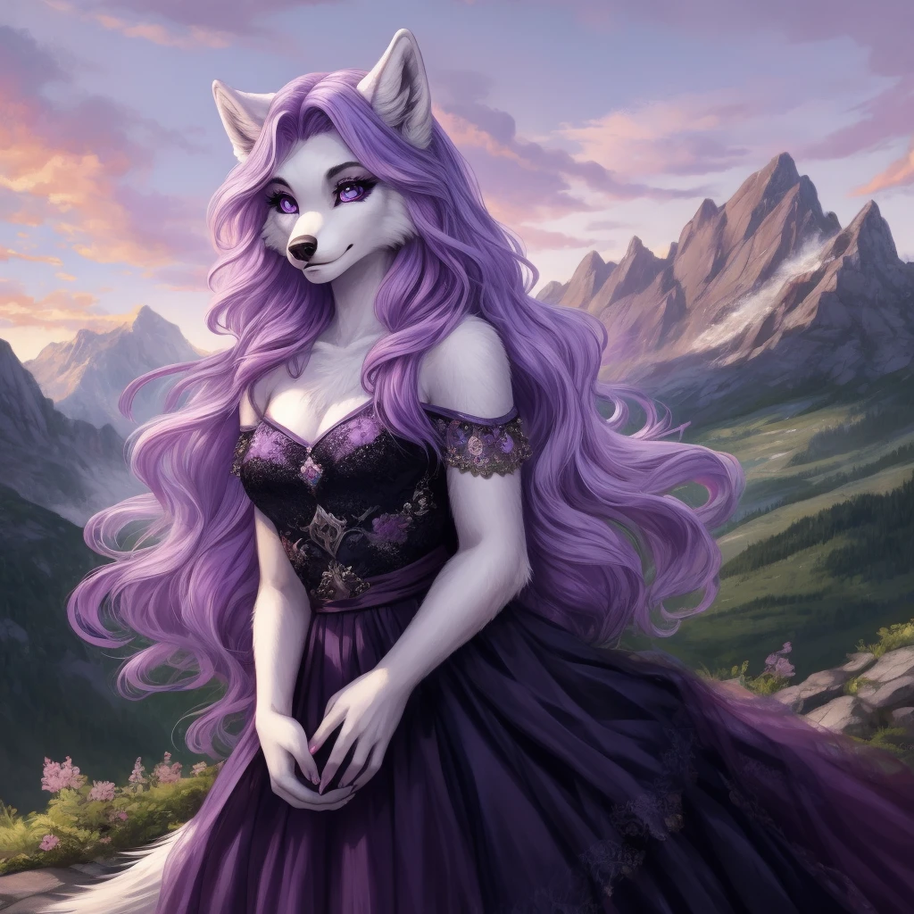 Feminine wolf, light purple hair, white fur, purples eyes, wearing a dark dress, holding an epée, mountains on the background, realisitic