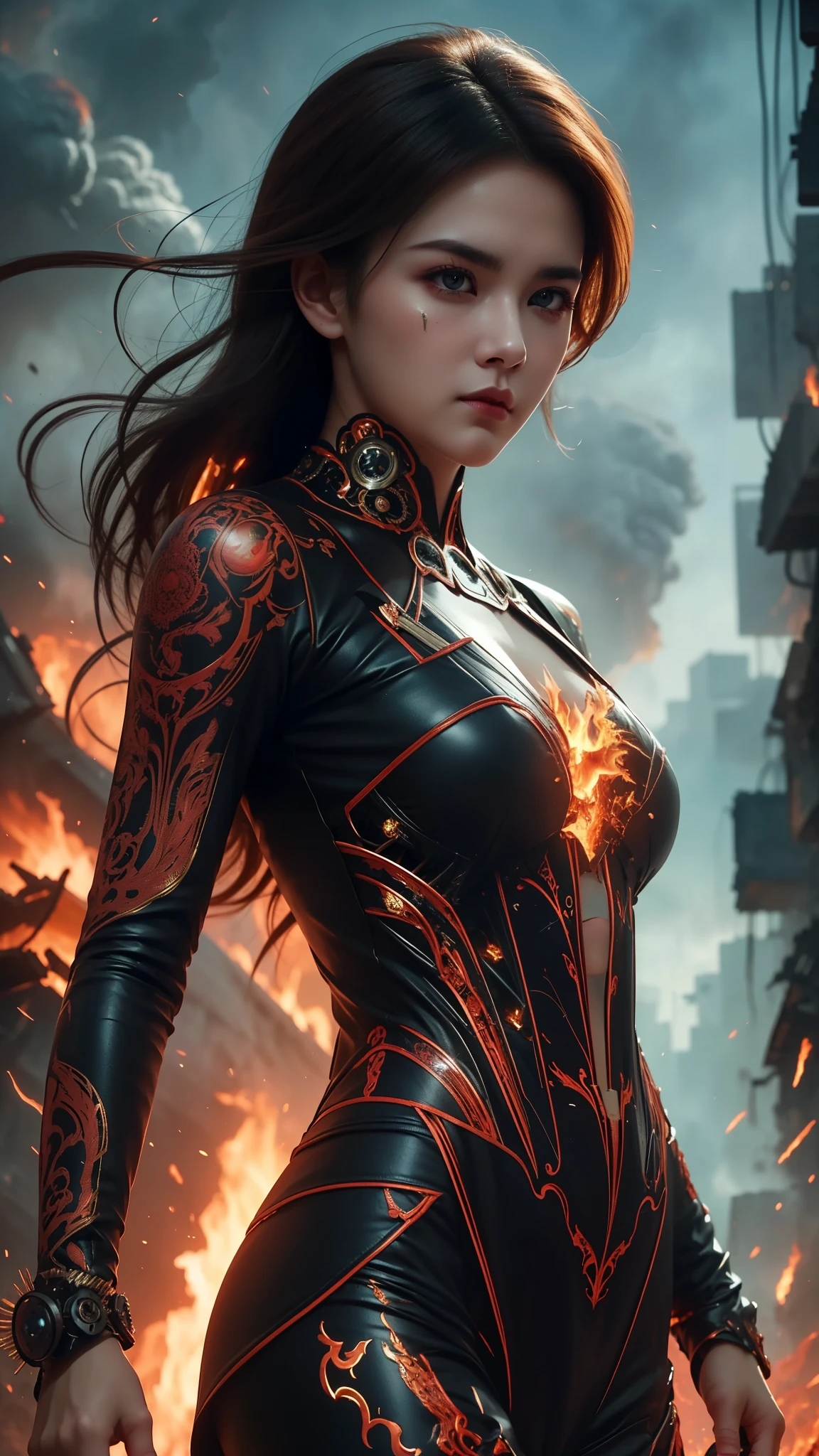 A woman's face, half-human and half-machine, adorned with intricate gears and wires, her eyes glowing with a fiery intensity. She hovers above a bustling city, her body engulfed in flames, a symbol of power and destruction.