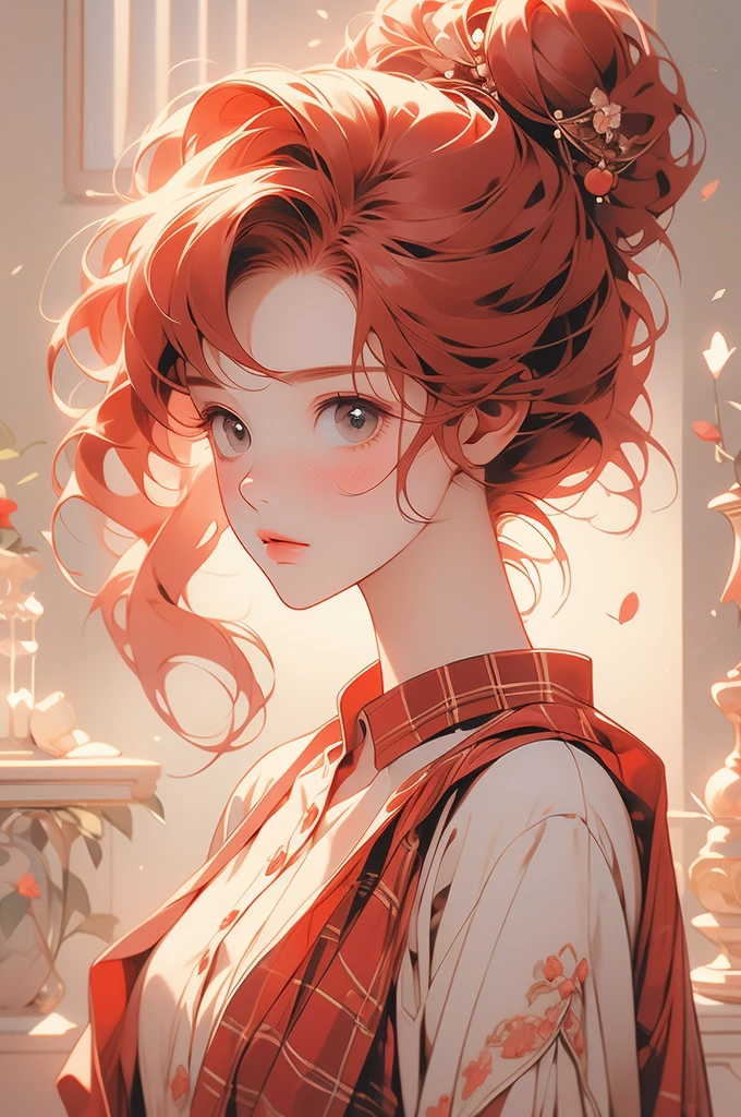 The image depicts a figure looking up, featuring detailed red hair tied into a messy bun. The hair is adorned with small, decorative red hairbands. The figure is wearing a plaid shirt in shades of red and cream. The art style is delicate and imaginative, capturing soft colors and gentle lines to create a warm and charming aesthetic.