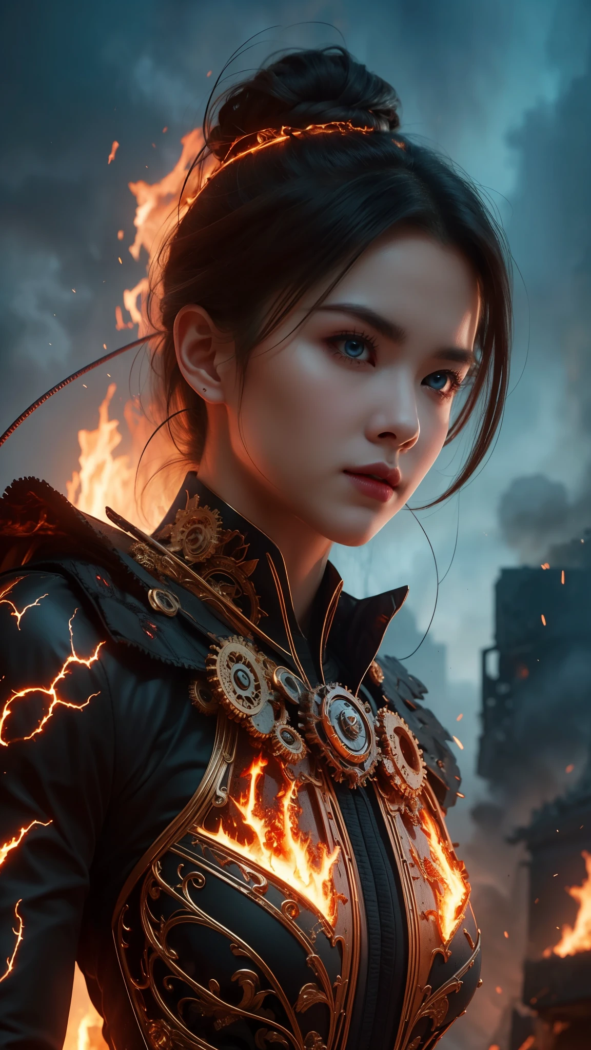 A woman's face, half-human and half-machine, adorned with intricate gears and wires, her eyes glowing with a fiery intensity. She hovers above a bustling city, her body engulfed in flames, a symbol of power and destruction.