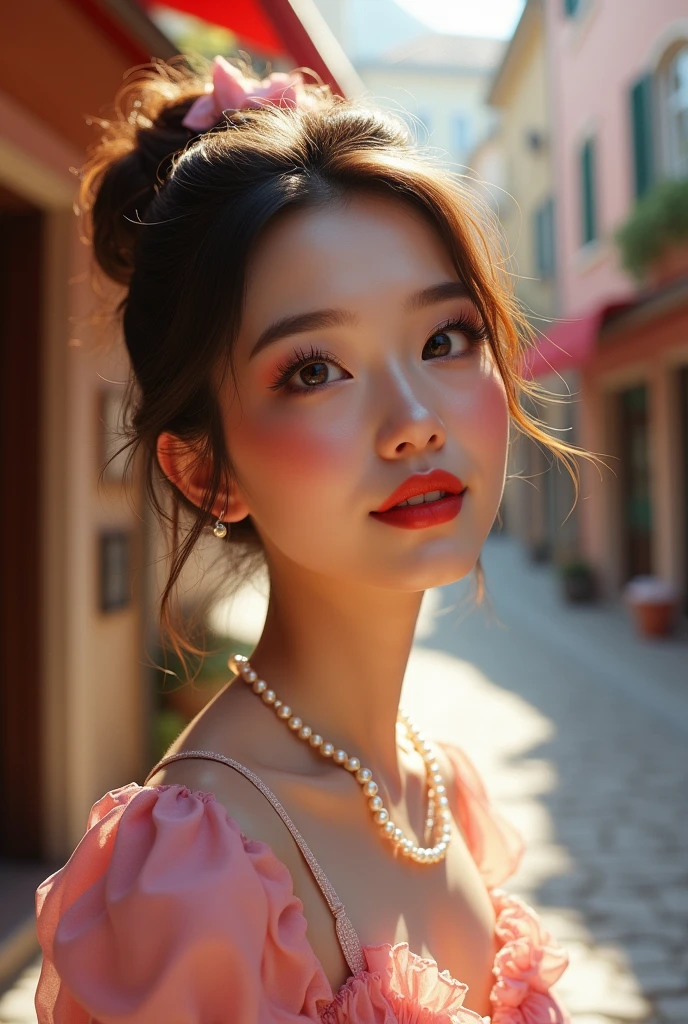 (ultra high resolution), (Photorealism 16K Realism), (Ultra-fine digital art), ((Hyperrealistically proportioned body, anatomically correct:1.2)), (super detailliertes beautiful Gesicht), (light pale complexion), romper, ((Small round head and face:1.25)), (Ultra-detailed, beautiful, slim and sharp face), (Best highest detailed realistic brown_eyes:1.2), ((Insanely realistic sharp-eyes)), (droopy eyes:1.3), dünne eyesbrauen, Carefully drawn eyelashes, Eyelash extensions, (tired and sleepy and satisfied:0.0), perfect round eyes, finely detailed pupils,romper, Detailed Lips:1.3, Pink_the picture:1.14, Glowing red_lipstick:1.2 ,perfect light_eyeshadows:1.25, (detailed nose:1.2), ((Dressed in a retro dress with a polka dot waist and pearl accessories, Complemented by a classic updo:1.22)), (In the midst of a picturesque town square, Lined with cobblestone streets lined with charming boutiques and antique shops, Where time seems to stand still:1.2), (seductive:1.22),