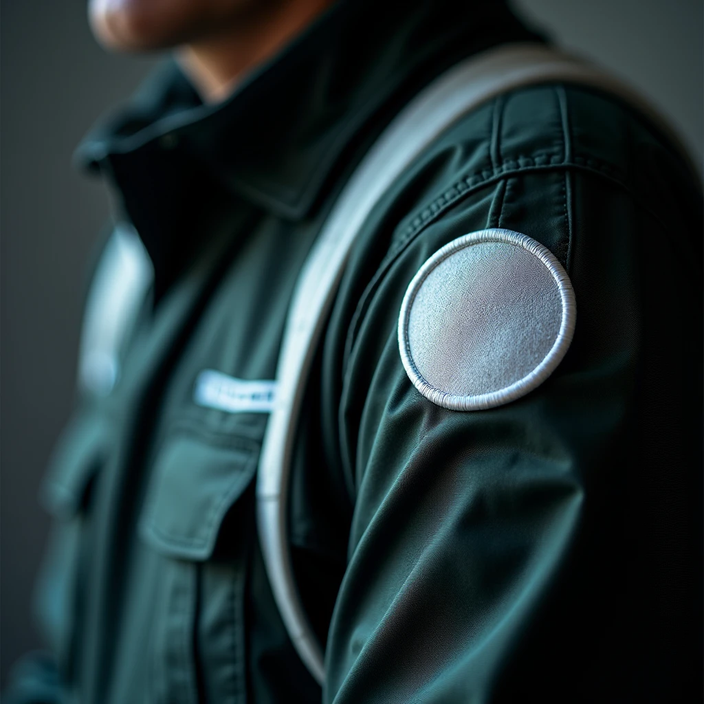 A striking airy close-up cropped view of a fighter pilot's flight suit, featuring a single round white embroidered patch on the shoulder.