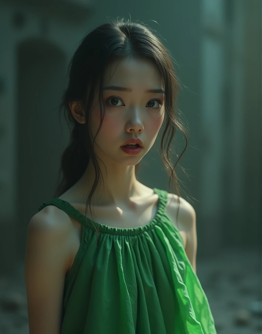 green dress, frightened expression