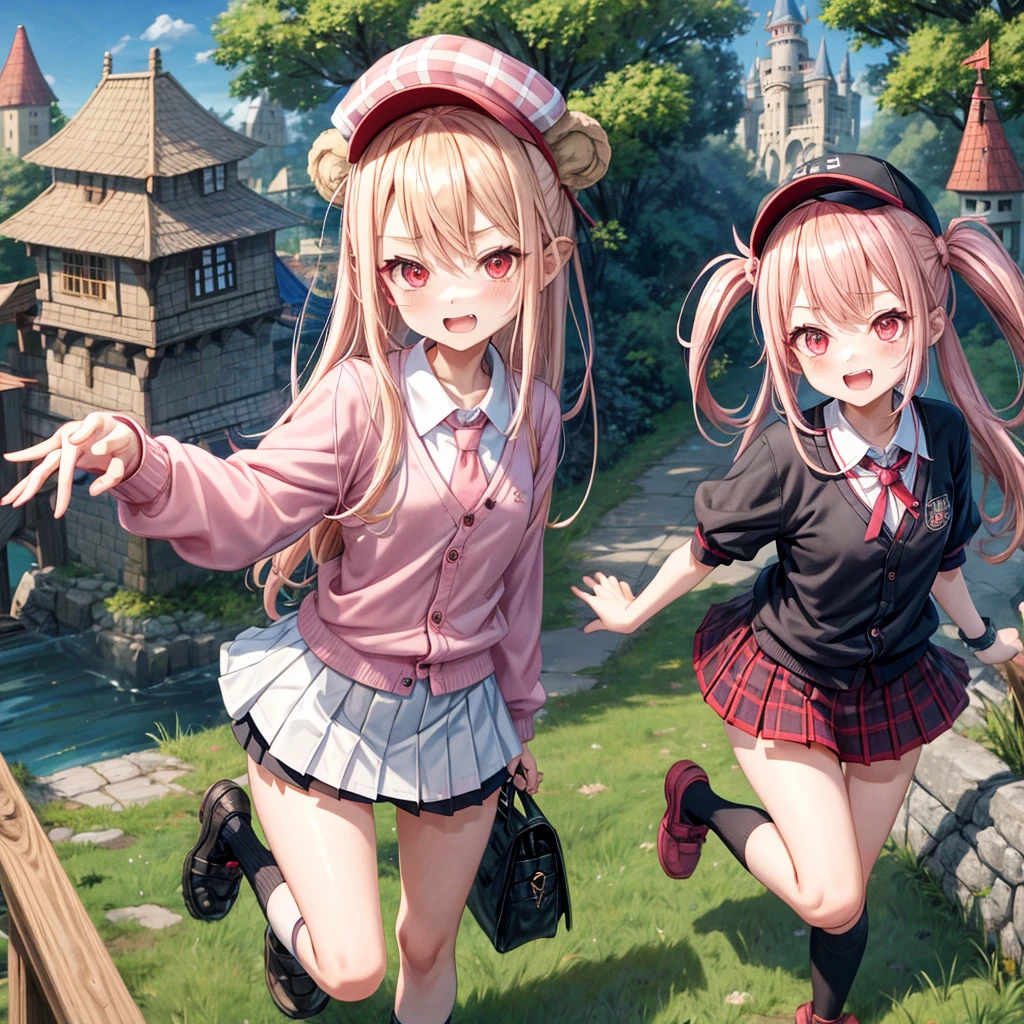 Pink Blonde、Red eyes、Hair tied up、Two cute、Checked mini skirt、black t-shirts、cardigan、Knee-high socks、bear ears baseball cap、Teeth are visible、Monster Castle、Tilting face、crossing the bridge、hazakura、windmill、grass、Stones are growing out of the ground.、impregnable