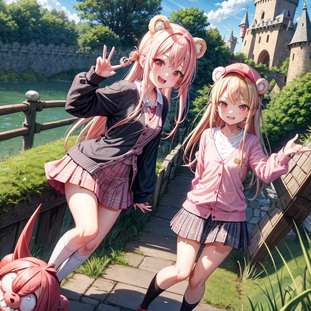 Pink Blonde、Red eyes、Hair tied up、Two cute、Checked mini skirt、black t-shirts、cardigan、Knee-high socks、bear ears baseball cap、Teeth are visible、Monster Castle、Tilting face、crossing the bridge、hazakura、windmill、grass、Stones are growing out of the ground.、impregnable