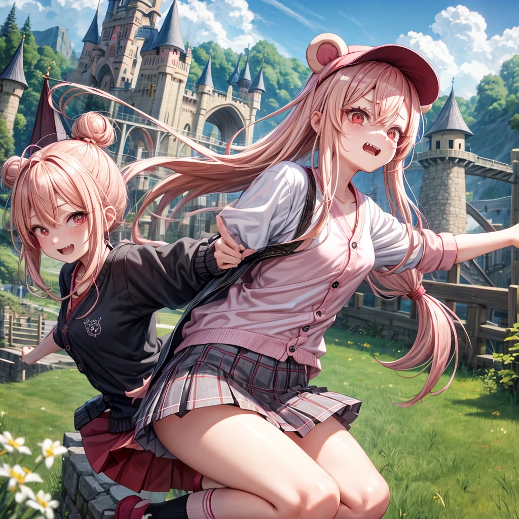 Pink Blonde、Red eyes、Hair tied up、Two cute、Checked mini skirt、black t-shirts、cardigan、Knee-high socks、bear ears baseball cap、Teeth are visible、Monster Castle、Tilting face、crossing the bridge、hazakura、windmill、grass、Stones are growing out of the ground.、impregnable