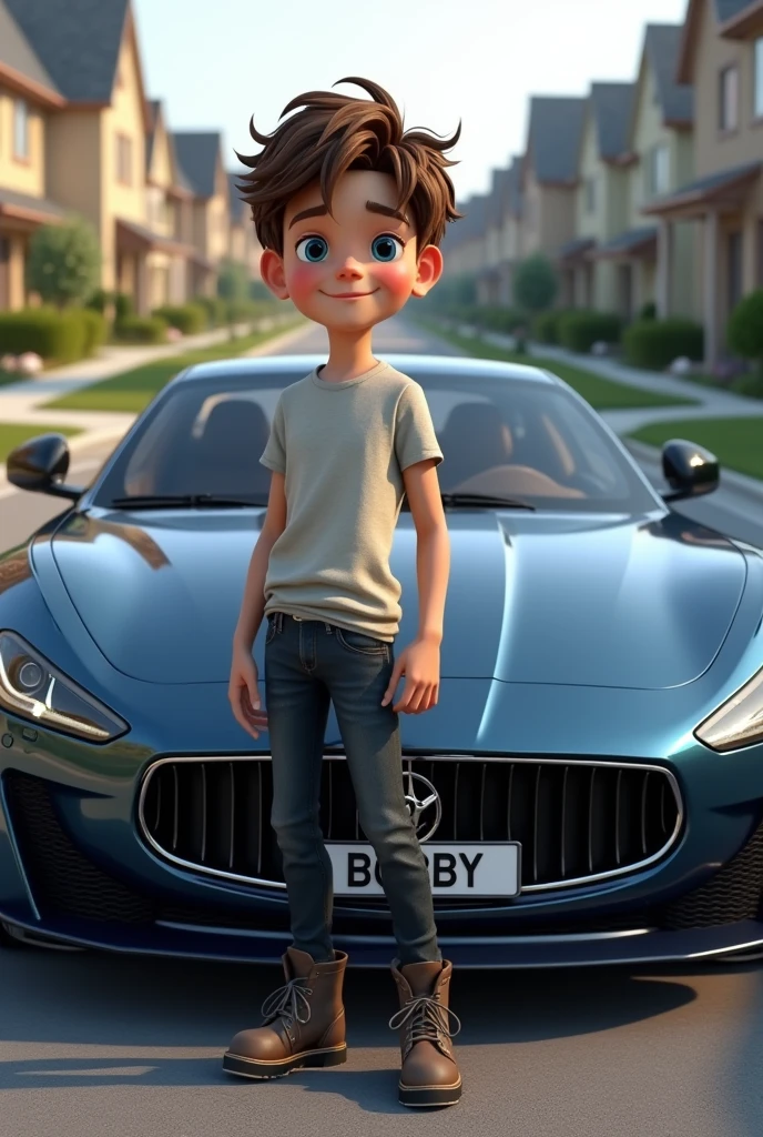 Create a 3D image of a handsome boy standing next to a car"BOBBY" should be written on the number plate of the vehicle