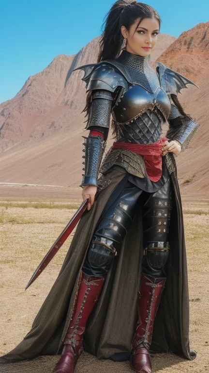(masterpiece, top quality, best quality, official art, beautiful and aesthetic:1.2), (1girl:1.3), ((Sharp facial features, sharp features, hawkish features)), ((pale skin, orange eyes, big hair, long black hair, ponytail)), extremely detailed, portrait, looking at viewer, solo, (full body:0.6), detailed background, full-body shot, (hot desert mountain theme:1.1), chaos warrior, (spiky helmet), charlatan, smirk, mysterious, swaying in mountains, armor, red metal, brass trim, long boots, blood red fabric, pelvic curtain, loincloth, black leather, ((((dragon wings, spear, heavy armor, blood, blood splatter, armored, long legs, pelvic curtain, toned, muscular)))), cute belly button, toned tummy, slim waist, slim hips, long legs, medieval (mountain exterior:1.1) background, dark mysterious lighting, shadows, magical atmosphere, dutch angle