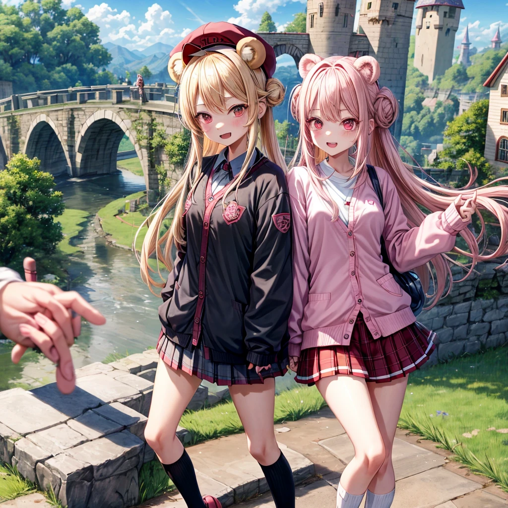 Pink Blonde、Red eyes、Hair tied up、Two cute、Checked mini skirt、black t-shirts、cardigan、Knee-high socks、bear ears baseball cap、Teeth are visible、Monster Castle、Tilting face、crossing the bridge、hazakura、windmill、grass、Stones are growing out of the ground.、impregnable