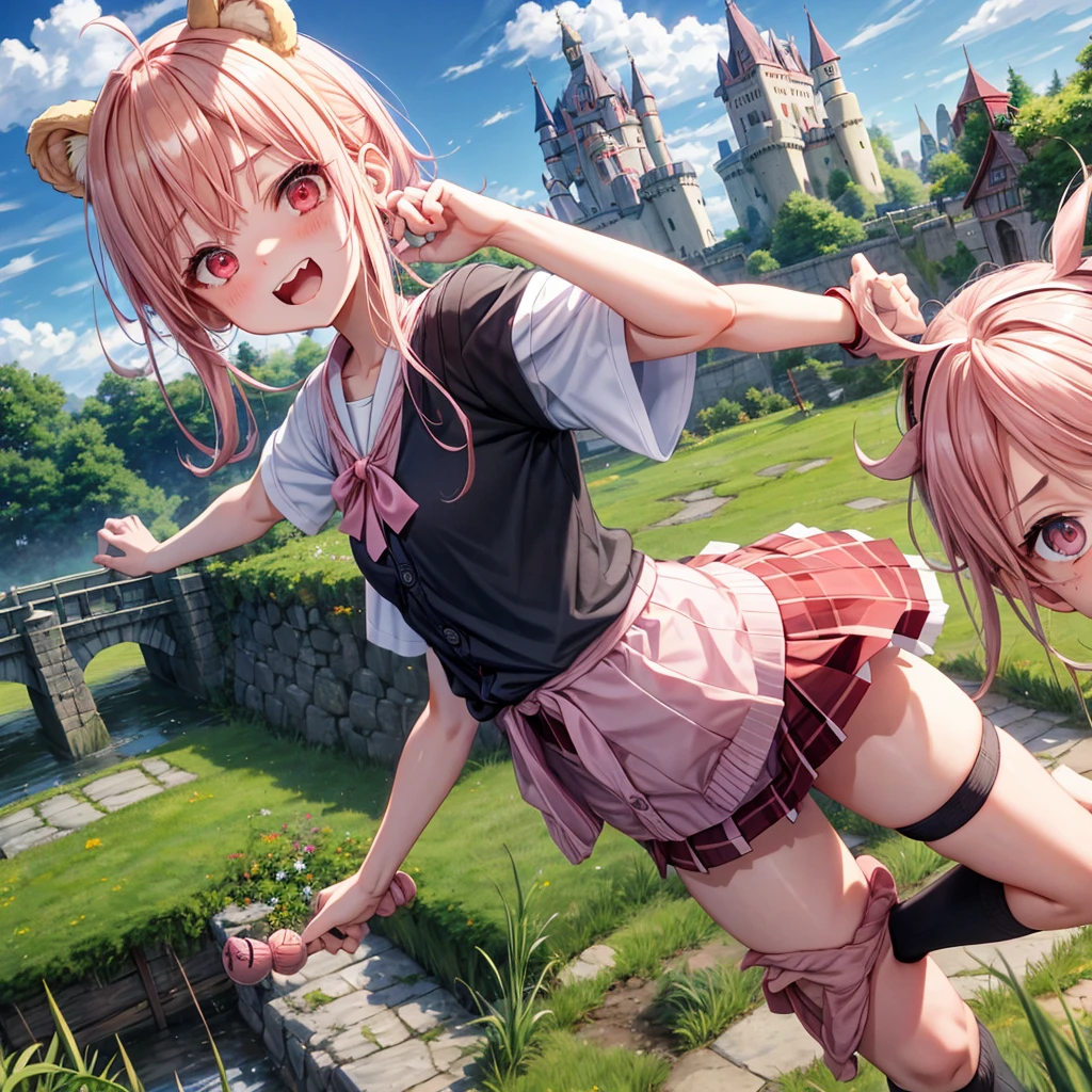 Pink Blonde、Red eyes、Hair tied up、Two cute、Checked mini skirt、black t-shirts、cardigan、Knee-high socks、bear ears baseball cap、Teeth are visible、Monster Castle、Tilting face、crossing the bridge、hazakura、windmill、grass、Stones are growing out of the ground.、impregnable