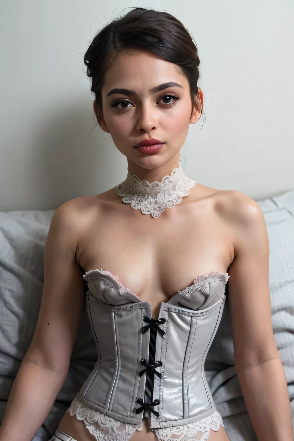 (((Naked Tiny Breasts))), Leopard pattern, ((4x-UltraSharp)), ((SMALL HEAD)), ((NECK LACE)), Spread, ((SLEEPING LIE DOWN FEMBOY)), (((SAD FACE EXPRESSION:1.1)), ((NECK LACE)), ((GOTHIC EYELASHES & LIPS)), ((LIPS)), ((MEN'S STYLE SHORTHAIRCUT)), adorable, 1 girl, (face to face), , baby face, hf body portrait, (face details: 1), (eye details: 1), ((tiny breasts)). ((Corset Panties)), ((net stockings)), lingerie ((red lips)), lie down (((LIGHT GREY NAKED)))