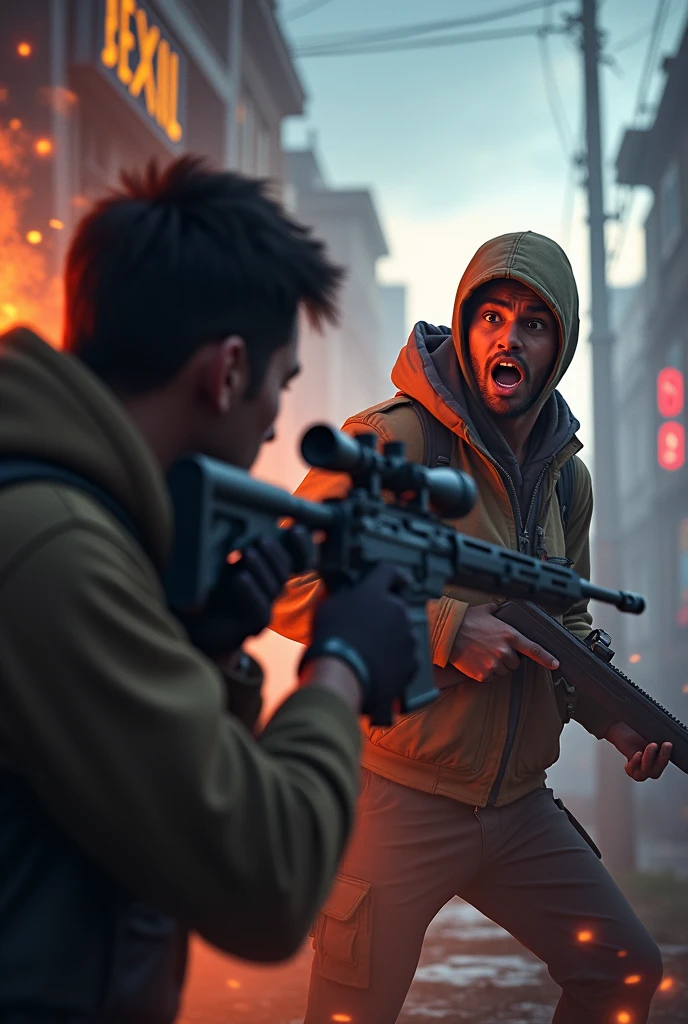 Make a thumbnail for free fire long video , with 57 kills and a human in right side is shocked , with a picture of onetap with SVD gun in free fire