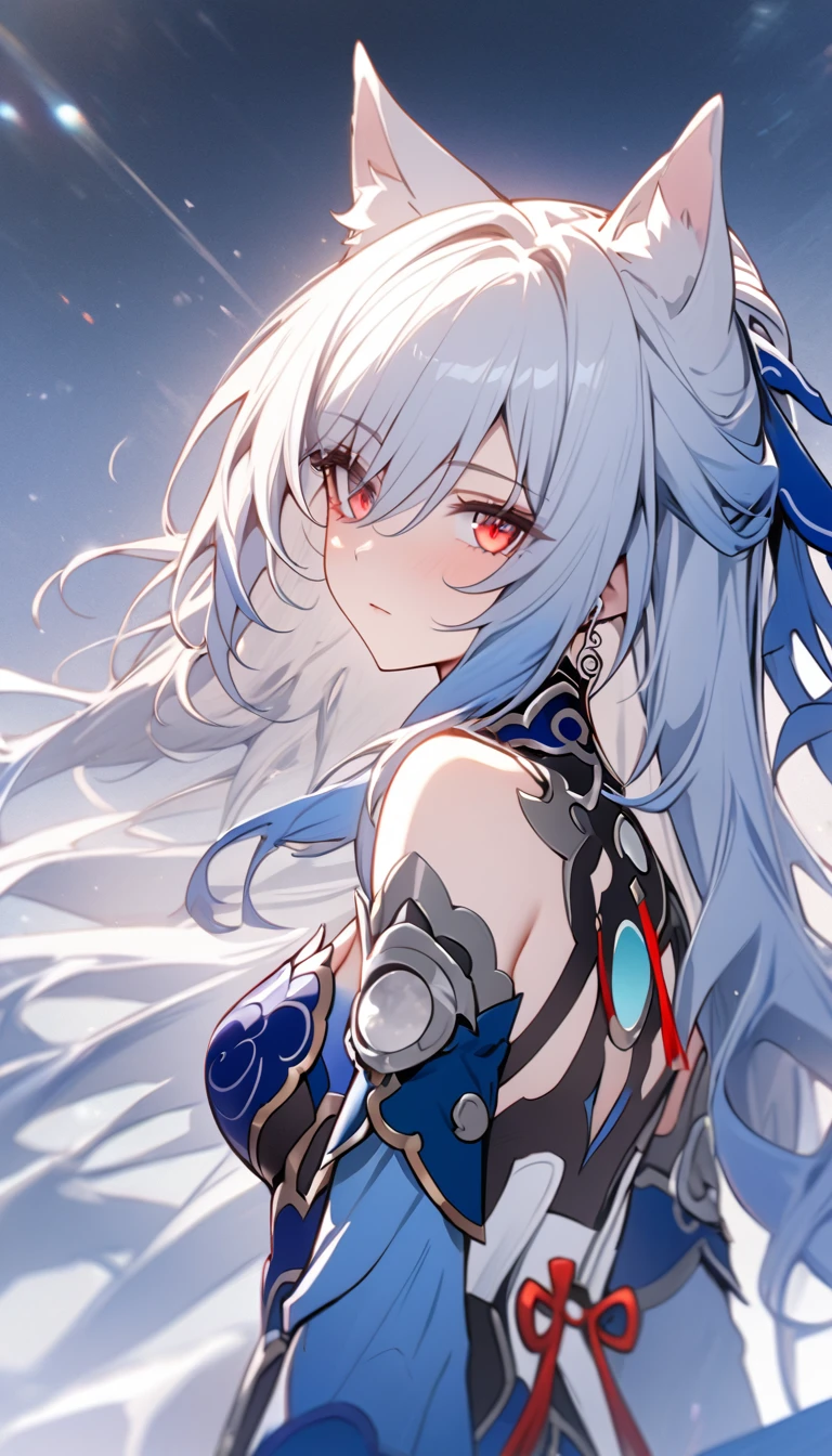 (masterpiece:1.2),best quality,PIXIV, 1girl,solo, depth of field, jingliu \(honkai: star rail\), blue dress, looking far away, cat girl, silver hair, red eyes