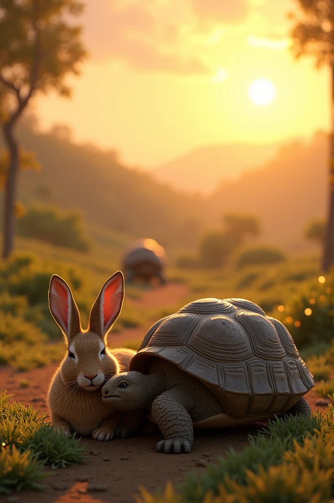 The hare is shown fast asleep, with the sun beginning to lower in the sky. Meanwhile, the tortoise is steadily making progress in the distance. The light shifts to a warm, golden tone, emphasizing the passing time.