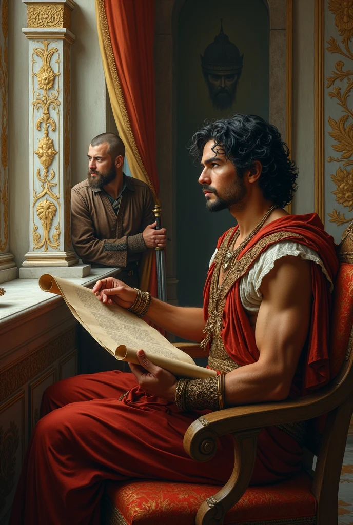 baroque painting+until_Muslim prince in an Ottoman palace, An Arab, cinnamon skin, green eyes, wavy black hair, fine rostrum, toned, slender body, body hair, beautiful face, sitting reading a scroll by the window, in the background of the hall, a young Viking watches him, musculoso beautiful face , strong, masculine with perfect proportions, wearing Viking garb and a sword , the viking gazes lovingly at the prince, a dark being watches from the window