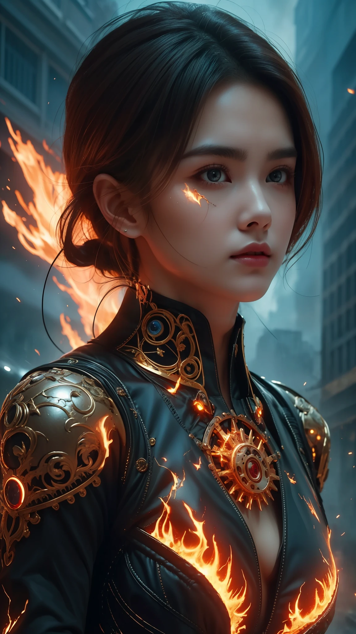 A woman's face, half-human and half-machine, adorned with intricate gears and wires, her eyes glowing with a fiery intensity. She hovers above a bustling city, her body engulfed in flames, a symbol of power and destruction.