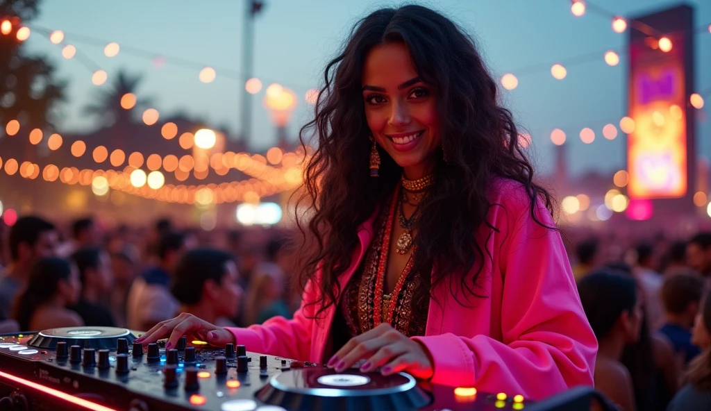 A vibrant female persian DJ with light skin and long, curly black hair, adorned with colorful traditional Indian jewelry, stands confidently behind a sleek, futuristic DJ console amidst a bustling outdoor festival scene at dusk, surrounded by twinkling string lights and a sea of enthusiastic revelers, with a warm golden glow illuminating her bright, expressive brown eyes and radiant smile, as she expertly mixes tracks, her hands moving deftly over the controller, wearing a stylish, neon-lit jacket and trendy sneakers, against a backdrop of vibrant festival decorations and banners, with a subtle hint of stage smoke wafting into the air.