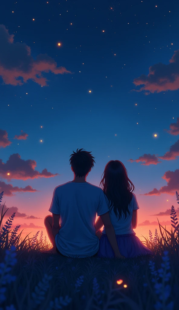 "On a warm summer night, two people are sitting close together under a starlit sky, surrounded by the serene darkness. They are listening to the same music, and colorful waves representing their favorite colors gently glow around them, illuminating the night. One person's eyes shine like hearts, reflecting the deep emotions evoked by the music. The scene is dreamy and intimate, with the night air filled with warmth and the soft glow of the stars enhancing the romantic atmosphere."