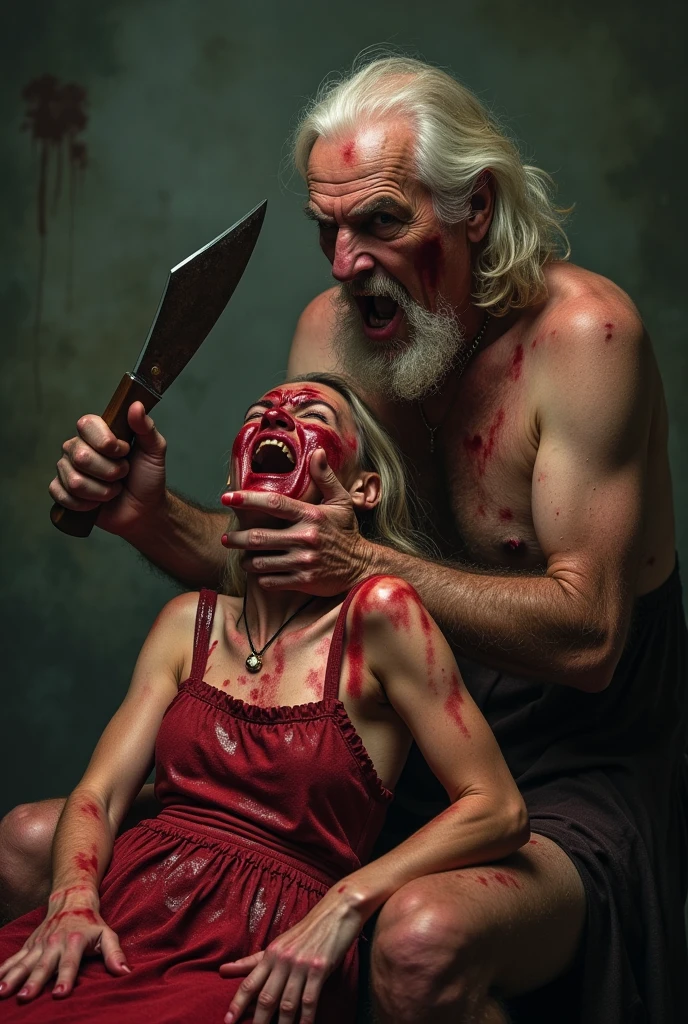 Crazy, horror, 70-year-old man, naked with an apron full of blood, bloody  woman. The man has a machete and is splitting open the body. Human head being traded in a traditional market, on a top of table, human trafficking, bleeding, woman's head, beautiful young girl, ((eyes closed)), bleeding, traditional market place background, photorealistic, 4K, Nikon, horror, public market, beautiful asian face