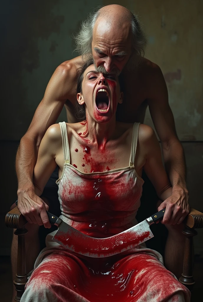crazy, Grusel, 70-year-old man, naked with a blood-filled apron, sits behind her, bloody woman. The man has a machete and splits the screaming woman's head open.