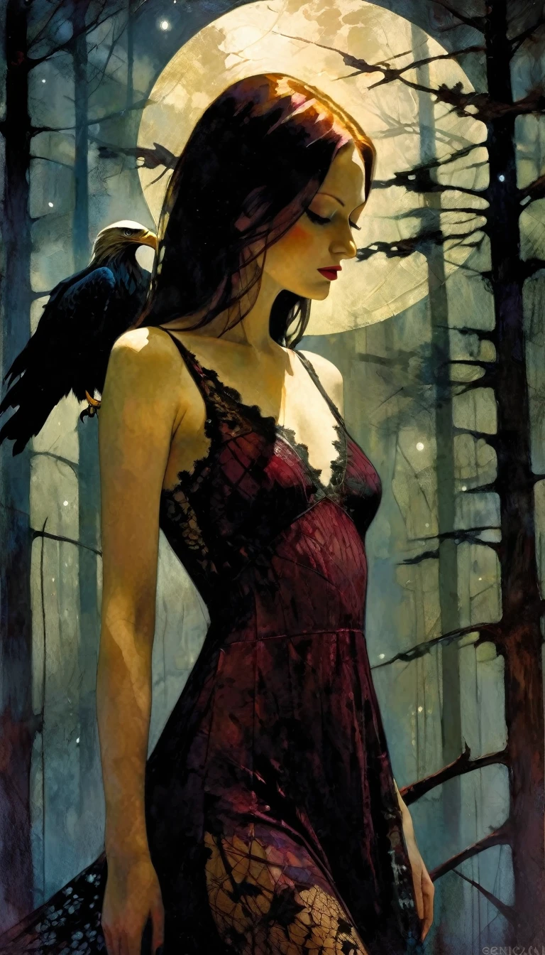 girl and eagle,forest, calm, night, moons, stars, eroticism, sexy, sexy lace dress, garnet tones, between shadows, oil painting, chiaroscuro, sensual, dramatic lighting, moody atmosphere, dark and brooding, expressionistic, powerful composition, emotional impact, art inspired by Bill Sienkiewicz and Dave McKean
