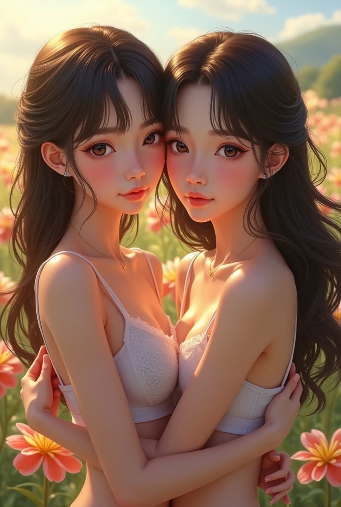 (masterpiece,Highest quality:1.4),(8k,RAW Photos,Photorealistic:1.2),Ultra-high resolution, ,(Glowing Skin:1.4),Detailed skin,Detailed face,Detailed eyes,(Beautiful and shining eyes:1.2),Symmetrical eyes,Detailed ears,Two people,Natural Makeup,(((Cute Japanese idols in real life))),((Beautiful Japanese)),(Golden ratio face),Detailed Background,Beautiful and shiny hair,18-year-old,smile,(((Two girls in love))),((Average teenage breasts)),((lesbian)),Taken above the waist,(Details of the latest sexy lingerie in 2024),((To kiss)),((Sharp Face)),Natural light,,(Very detailed ,Trend design for 2024,online shopping,LUMINE® Market,),((Saika Kawakita)),saika1,,black_hair,long_hair,,(Detailed flower field,Location was great.),