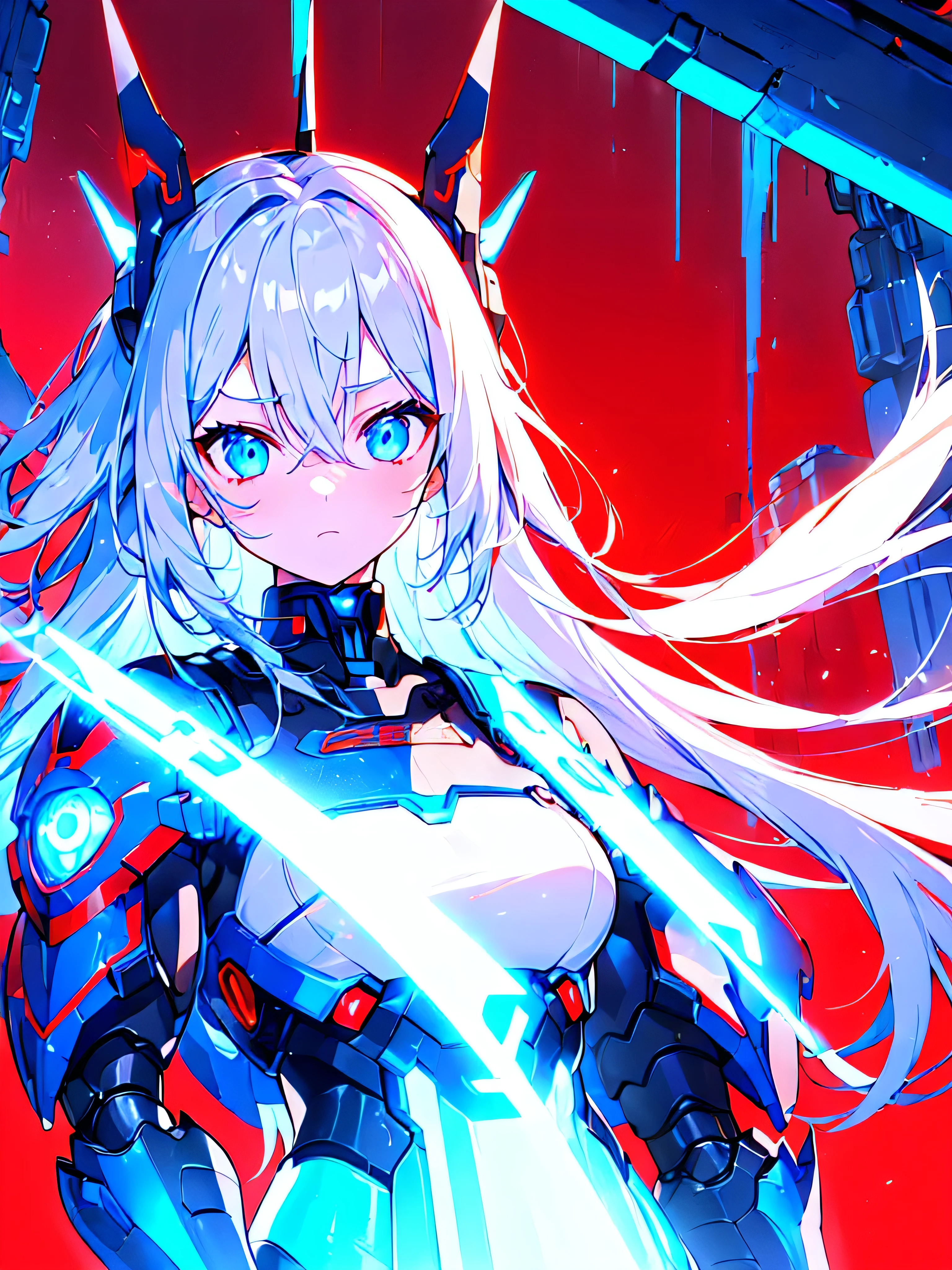 [(RED BACKGROUND:1.5)], (((masterpiece))), (upper body), 1girl, (cyborg girl), solo, white hair, long hair, Blue inner hair, Blue eyes, science fiction, (mecha musume:1.2), mechanical parts, headgear, mechanical wings and tails, (mechanical Black HeavyArmor), ((neon light Blue)), Anime style
