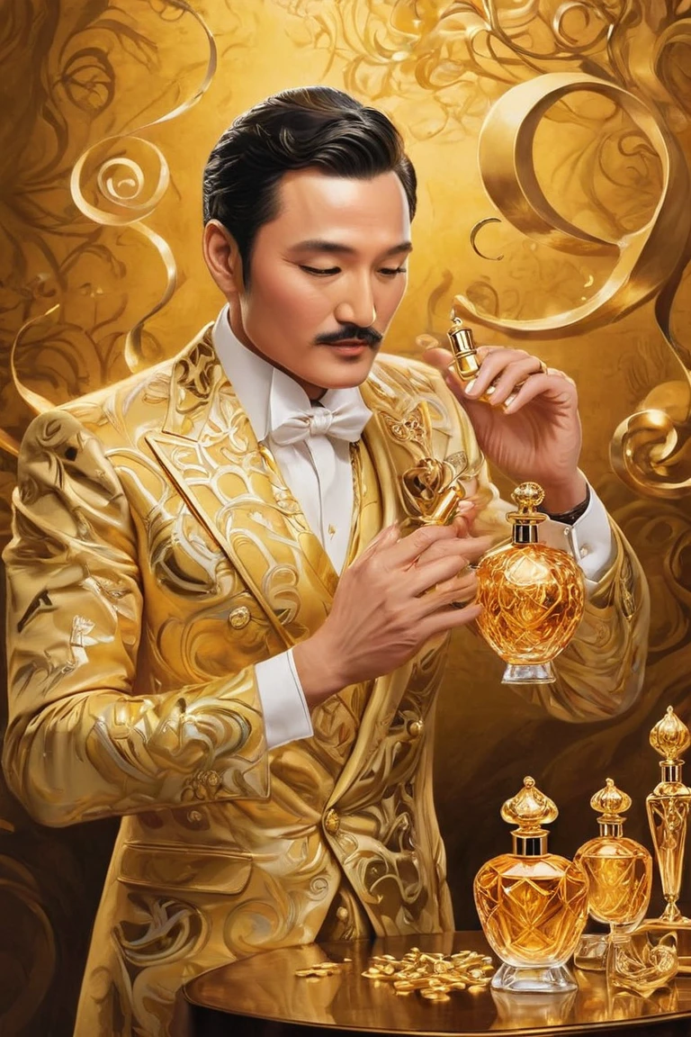 "The leader applying perfume from an extravagant, golden bottle with exaggerated elegance, while cartoonish fragrance trails form whimsical shapes and patterns around him."