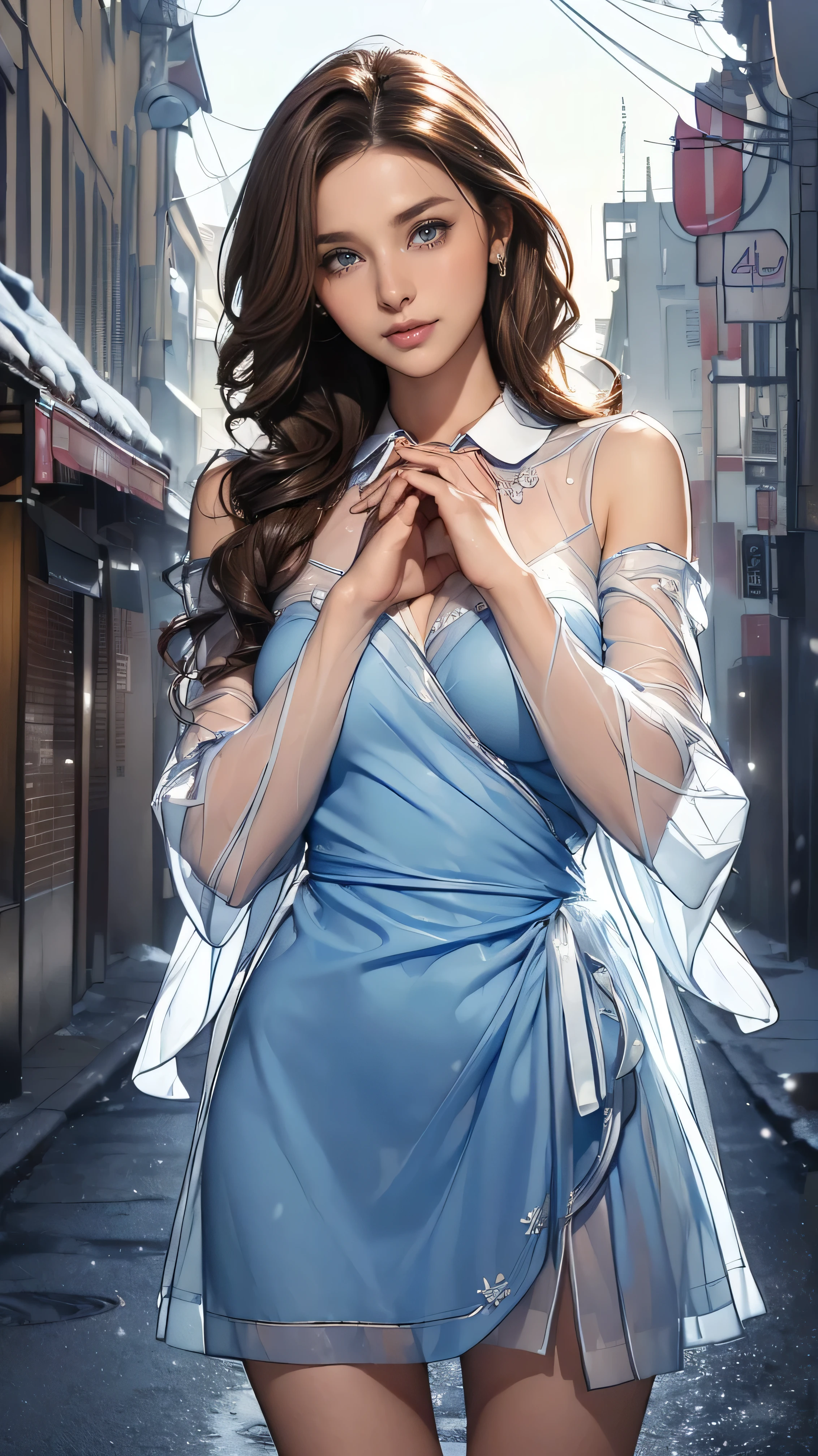 ((Highest quality,4K,High resolution,masterpiece:1.2)),((Character Concept Art)), 1 female, 20-year-old women, ((Shoulder-length brown hair、Hair curled loosely inwards)), (Skin as white as snow), Very detailed eyes (Brown Eye Color), have confidence, beautiful, slim body build, Big Breasts、((Intricate details)), Very finely crafted needles, Very finely crafted fingers(((10 fingers))), ((Mini wrap blue dress＿long see through sleeves_white collared brouse_white collared cuff:1.3)), (Full-body showcase), (Show whole body),A shy smile、In the hustle and bustle of the city、((Standing with grace、Hands on her west:1.５))